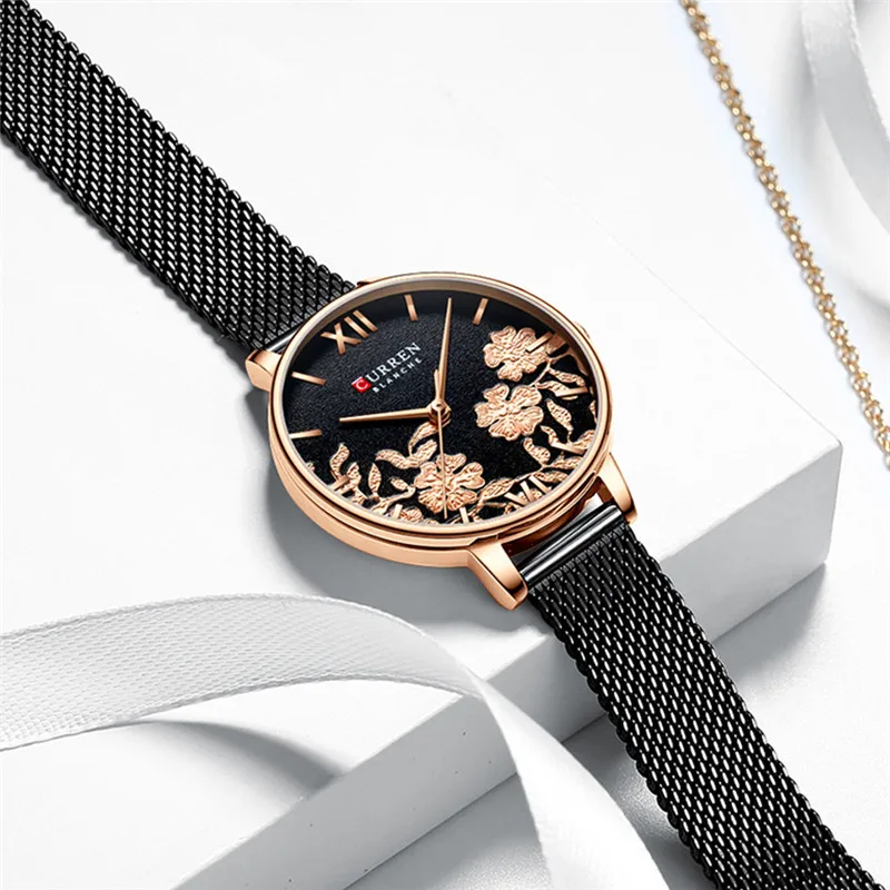 CURREN женские часы Топ бренд класса люкс черные водонепроницаемые сетка браслет из