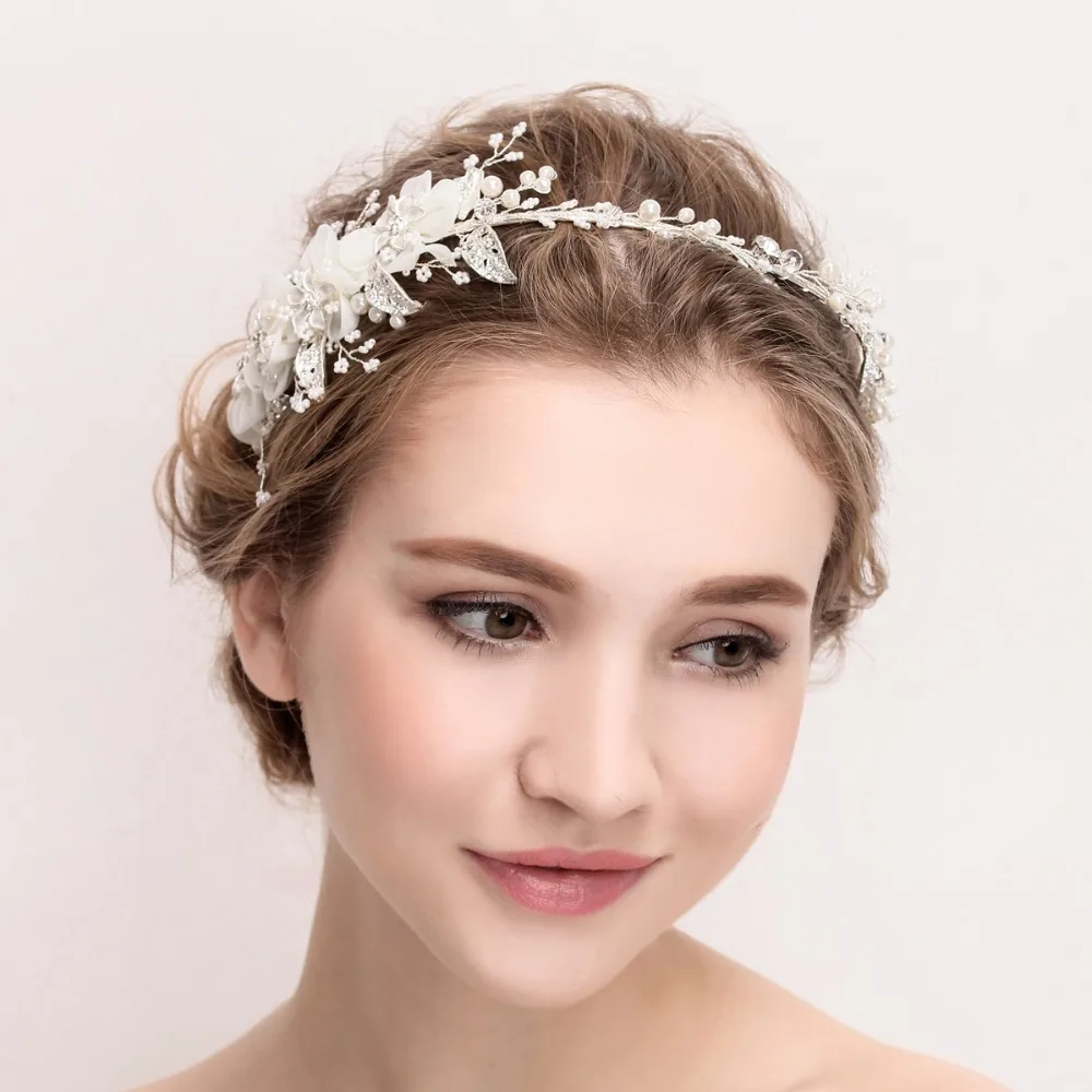 

Charming Organza Crystal Beaded Flower Headband Tiara Wedding Handmade Silver Plated Rhinestone Bridal Headpiece 2017 New