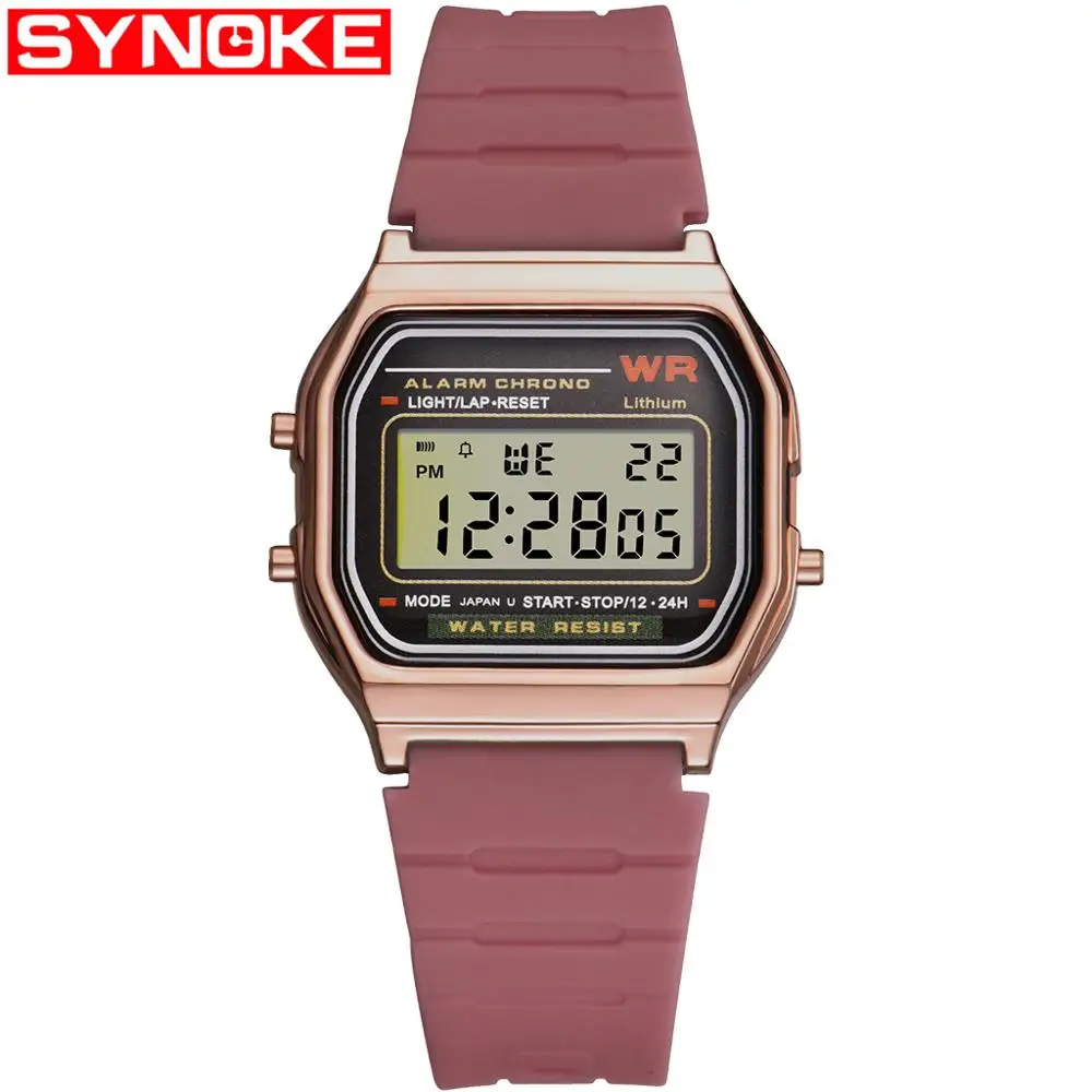 rose gold and pink SYNOKE мужской квадратный светодиодный цифровые часы пластиковые плавательные спортивные черные водонепроницаемые мужские часы дисплей наручные часы ударопрочный - Цвет: rose gold and pink