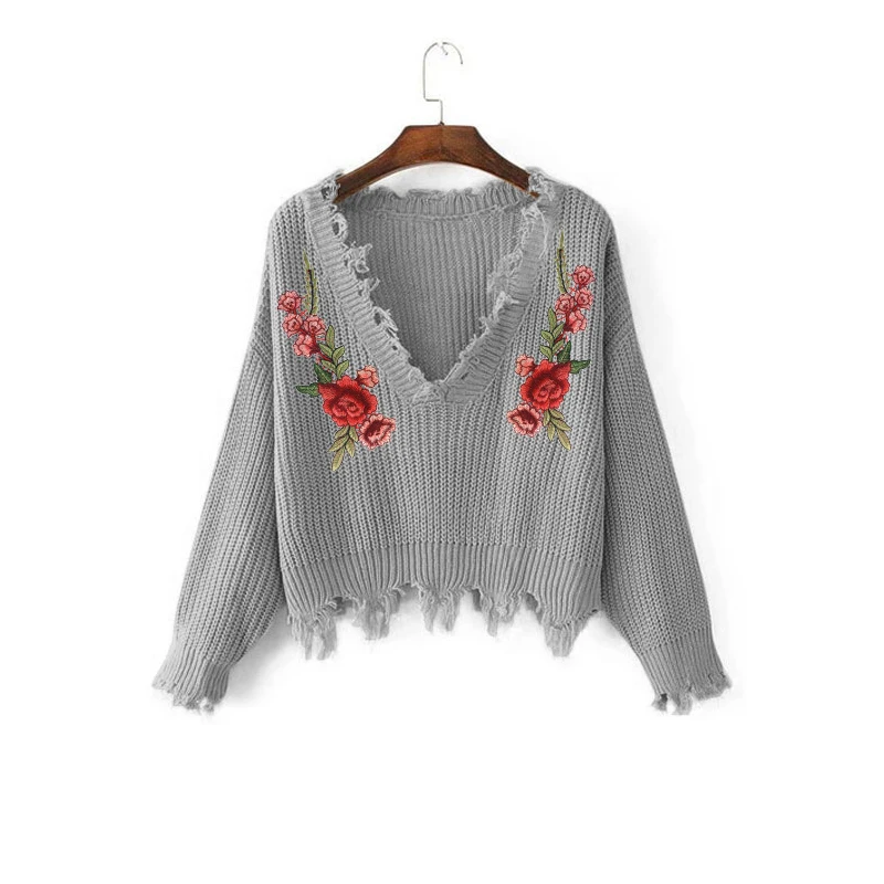 AECU Sweater Female Women's Embroidery Decal Loose Long Sleeve V-Neck Ripped Pullover Tassels Knitted Pull Femme Hiver | Женская