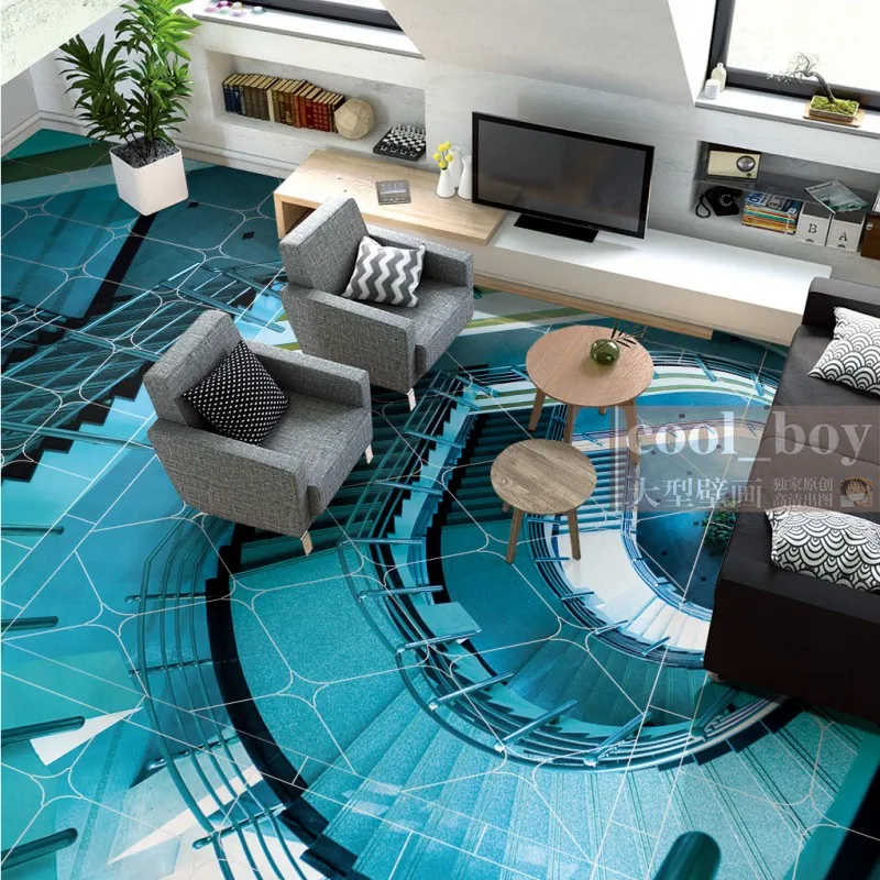 値段 送料無料3dブルー現代ミニマヨーロッパ階段スパイラル床研究ノンスリップ自己粘着ロビーフローリング壁画
