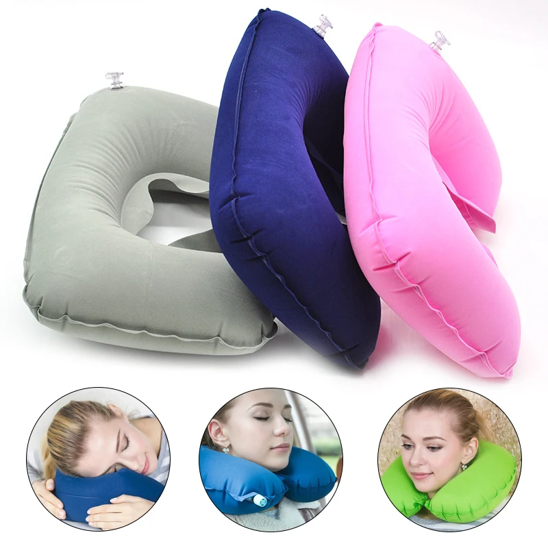 

Portable Travel Inflatable U Shaped Pillow PVC Flocking Folding Neck Air Pillow Cushion for Flight Travel With Eye Mask+Earplug