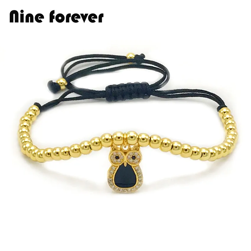 

10pcs/lot Nine forever Fashion Women men Oil Drip Owl Animal bracelet Micro CZ Owl Pendant Charm Braiding 4mm beads Bracelets