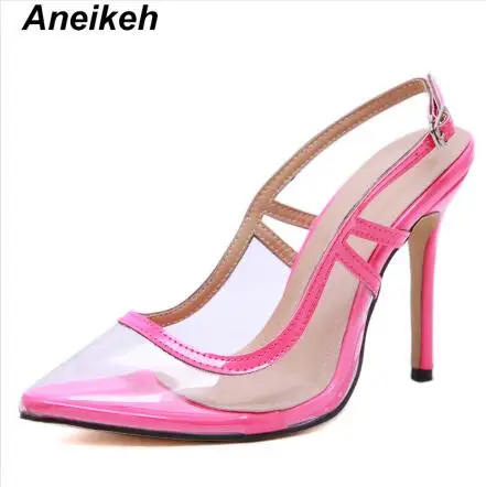 Rose-red Aneikeh/ г. Пикантные туфли-лодочки из ПВХ женская обувь свадебные туфли на тонком высоком каблуке без шнуровки, повседневные туфли для танцев прозрачный ремешок с пряжкой, розовый, красный, зеленый цвета - Цвет: Rose-red