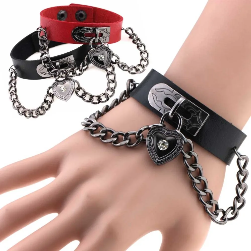 Панк готика Стразы Сердце шипы цепи кожаные манжетные браслеты Pulseira Masculina ювелирные изделия Шарм Bileklik Pulseiras