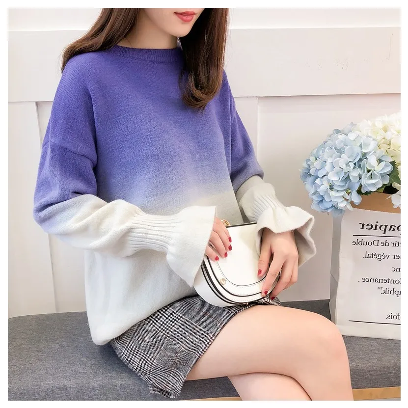 HSA 2018 Winter New Fashion Gradient Sweater Flare Sleeve Harajuku Pull Jumpers Blue Yellow Femme Korean pullover | Женская одежда