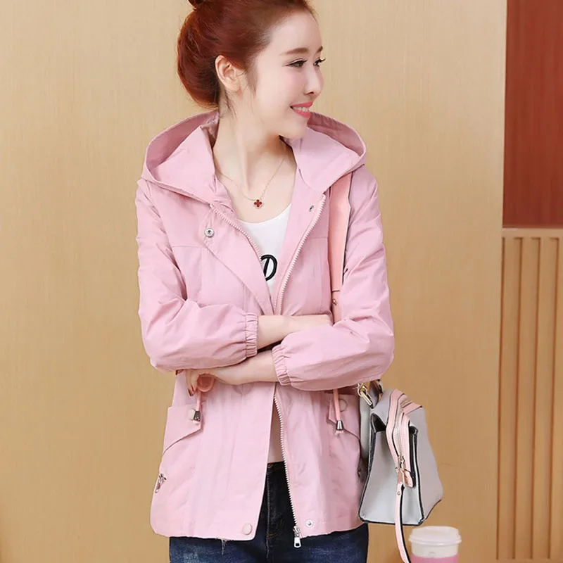 

Spring Short Coat Women 2019 New Hooded Belt Casual Jacket Autumn Wild Windbreaker Women's Tooling Coat A453