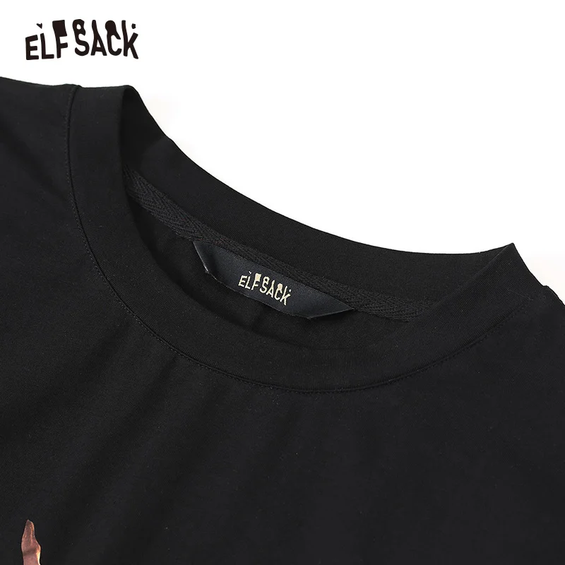 ELF SACK/черные хлопковые женские футболки с круглым вырезом и принтом, модные корейские женские топы оверсайз, летняя Уличная Повседневная женская футболка