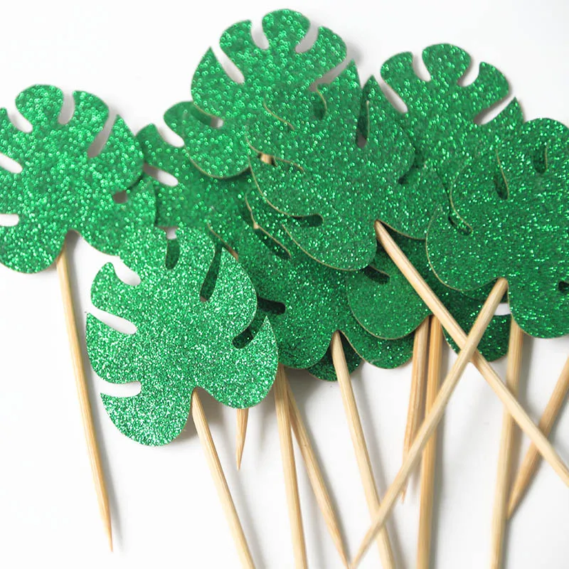 

Jungle Tropical Party Green Palm Leaf Cake Topper Glitter Leaves Cupcake Toppers Happy Birthday Party Babyshower Cake Decoration