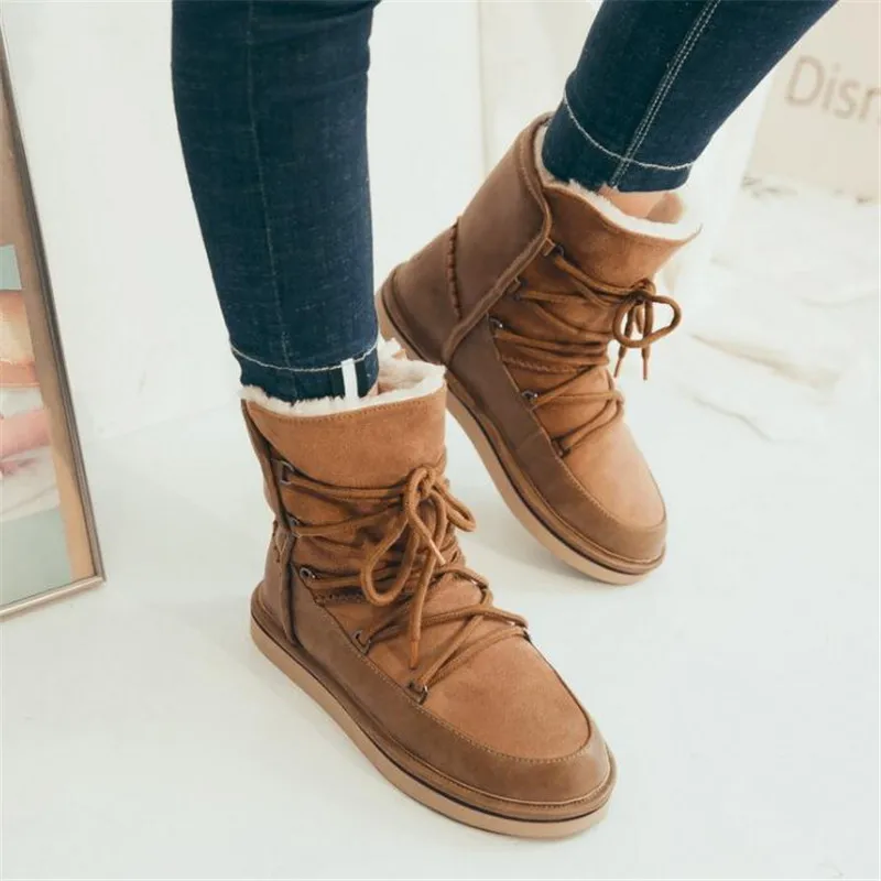 2018 winter new snow boots fashion mid-calf lace-up plush platform shoes women genuine leather Warm Women Обувь