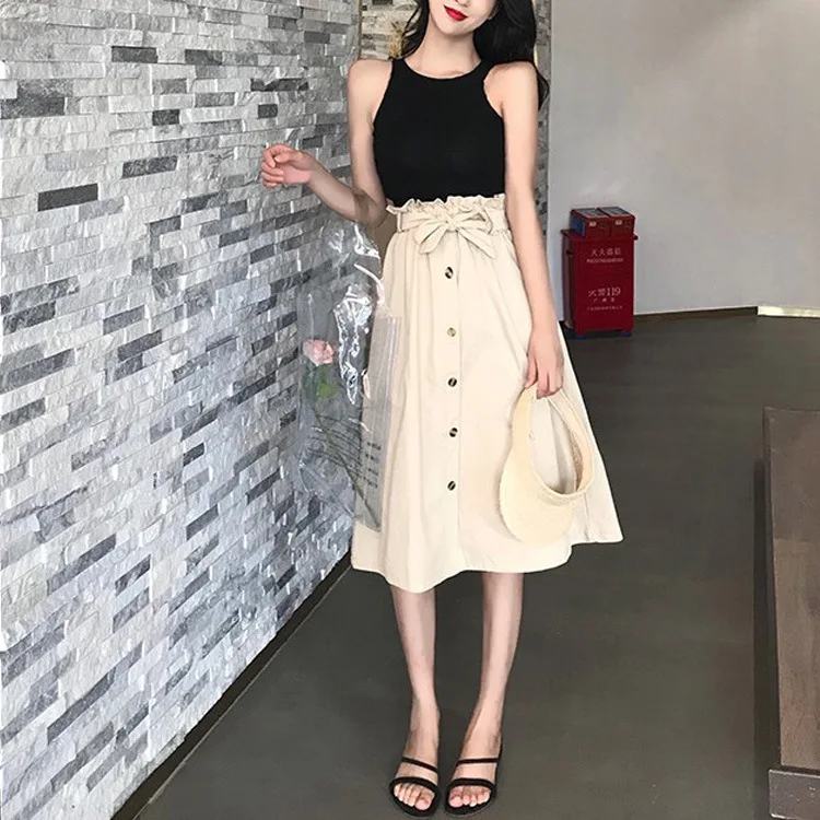 

Spring Summer Bud A-line Skirts Women Preppy Style High Waist Elastic Sashes Solid Color Button Design Skirt Female Sweet Saias