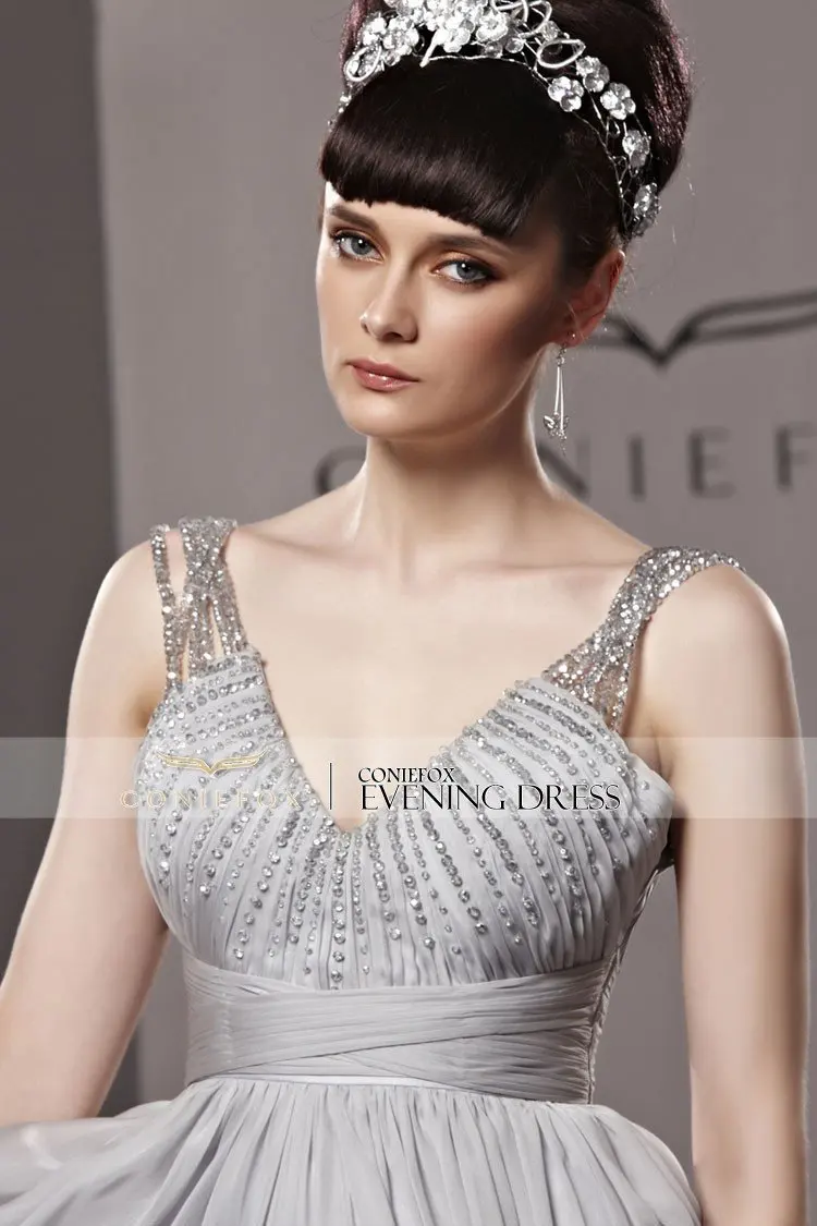 Kingfox V-Neck Silver Empire Elegant Princess Evening Dress 81195 | Свадьбы и торжества