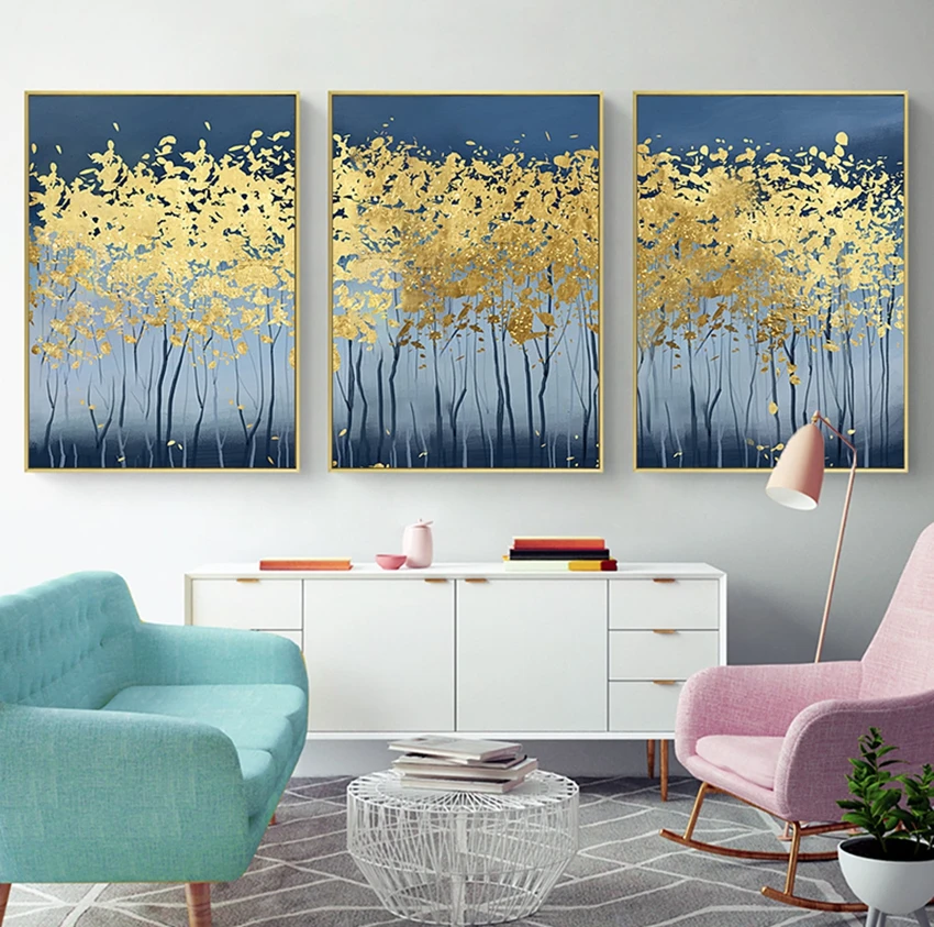 Домашний декор абстрактная картина маслом из 3 частей на холсте желтые золотые