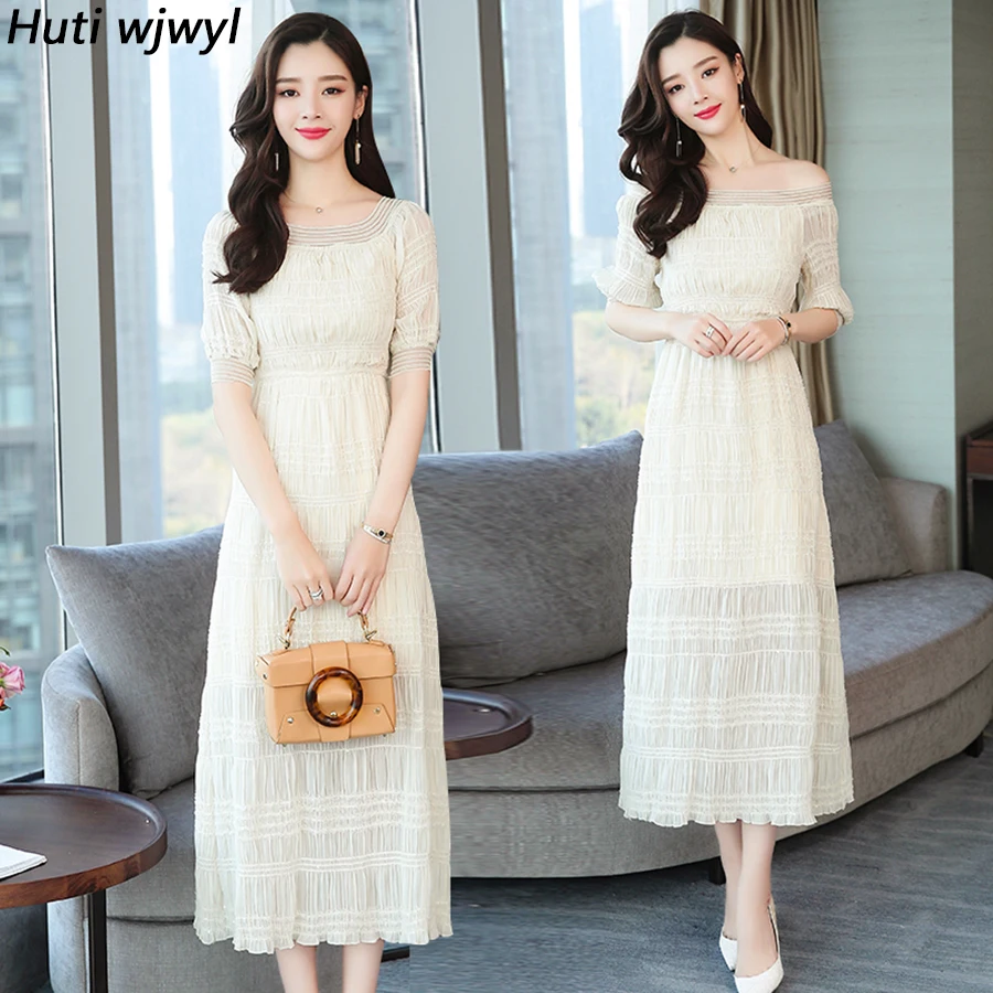 2019 корейский Винтаж плюс размеры Boho летние миди платья Твердые шифон сексуальный