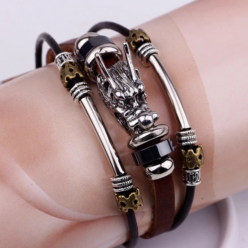 Новый мужской Тибетский покрытый талисман дракон кожаный браслет Модный