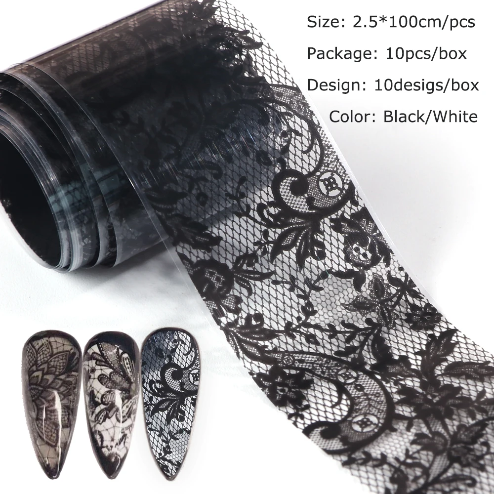 10pcs/set Black White Lace Foil For Nails Mixed Flowers Nail Art Stickers Transfer Starry Paper Adhesive Manicure Decals TR1017