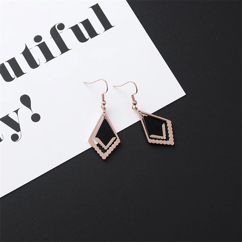 style-8 New Listing Geometric Titanium Steel long Tassel Girl Earrings gold Stainless Steel Triangle leaf Girl Black Jewelry Earrings 1 - Окраска металла: style-8