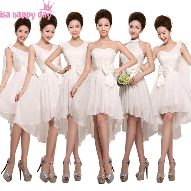 

Короткое спереди длинное кружевное сзади платье подружки невесты с v-образным вырезом платье цвета слоновой кости размера плюс сексуальное шифоновое платье на одно плечо B1359