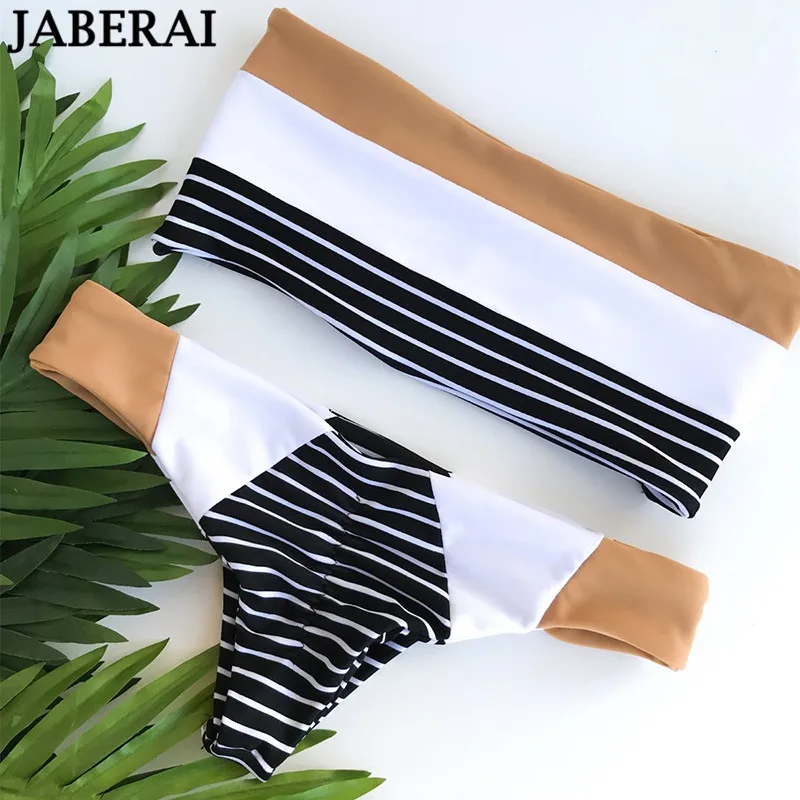 JABERAI Striped Bandeau Bikini Set Swimwear Women Push Up Bathing Suit Thong Bottom Biquini Maillot De Bain Swimsuit female | Женская