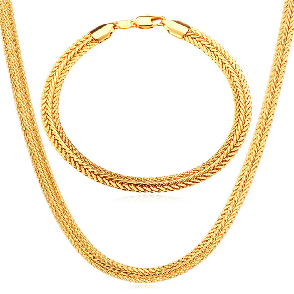 U7 Змейка Цепочки Чокер и Браслет Набор Украшений Для Мужчин Золото/ Серебро/ Черный Цвет Колье Оптом S508 - Окраска металла: Золотой цвет