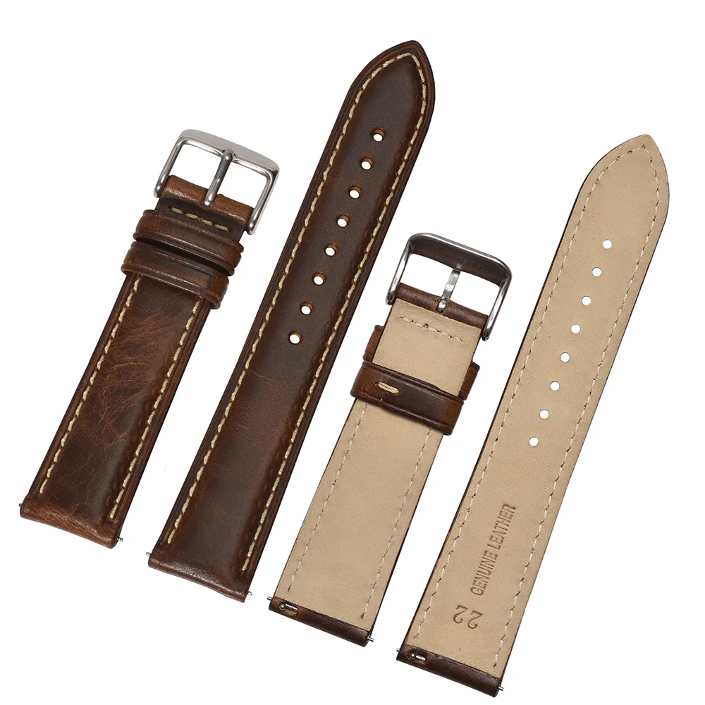 BEAFIRY Oil Tanned Leather 22mm 20mm 18mm Watchband Quick Release Watch Band Strap Brown for Men Women compatible with Fossil