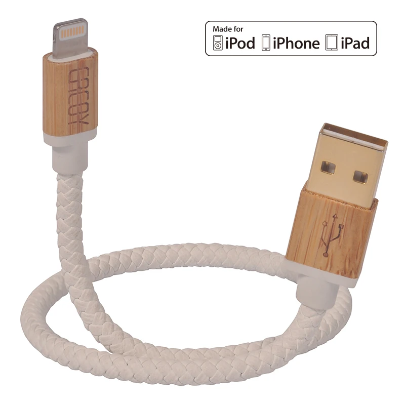 MFi Сертифицированный 30 см короткий USB кожаный кабель с деревянным разъемом для