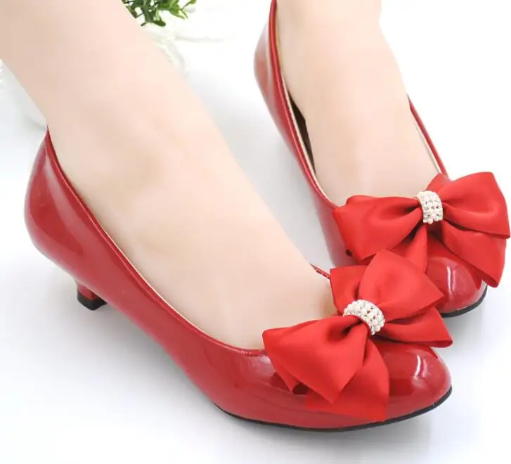 

MIDDLE heel red color bow butterfly-knot red party pumps shoes female womens ladies sweet bowtie dress dancing red shoes