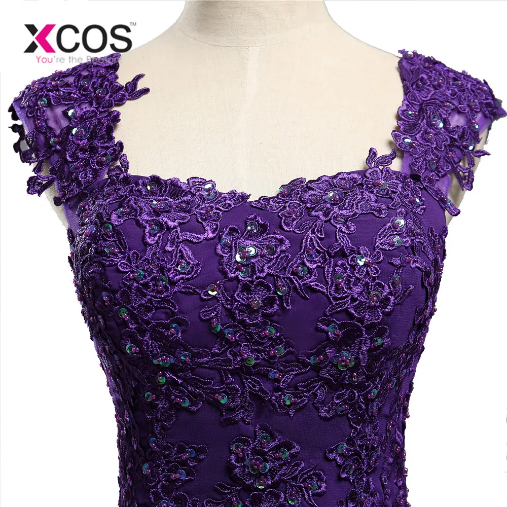 XCOS плюс размер кружева два плеча Королевский Фиолетовый шифон Кружева Длинные