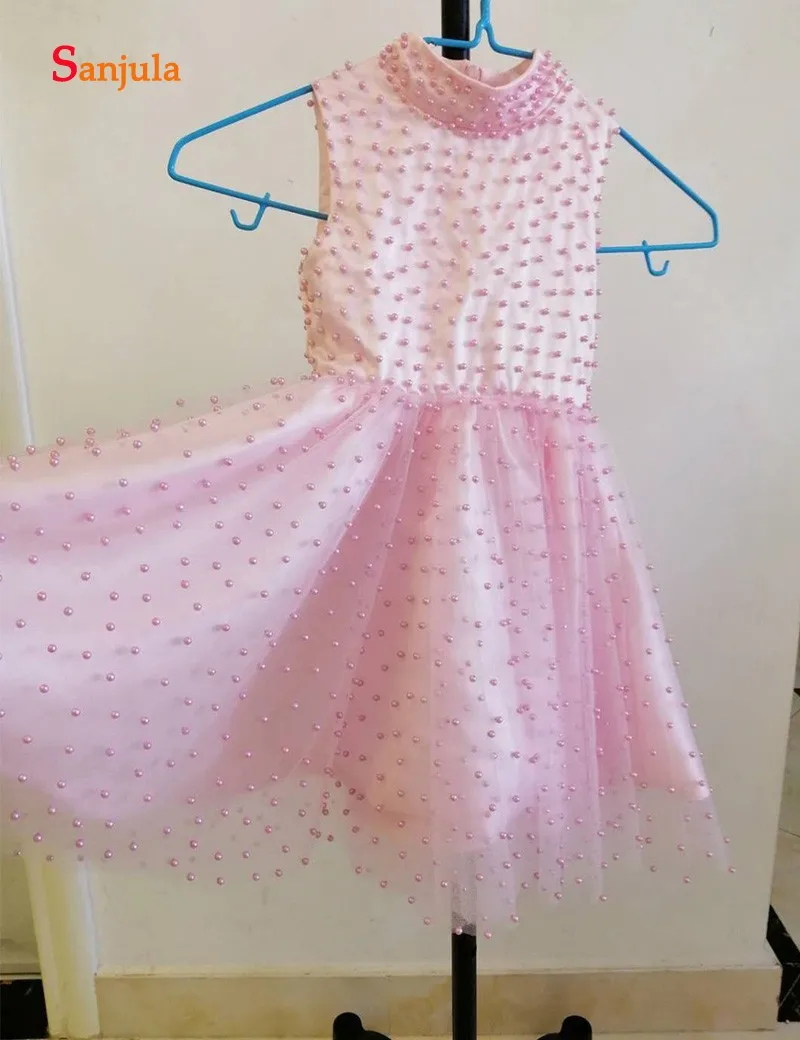 Розовые тюлевые платья с цветами для девочек а силуэта жемчугом красивые