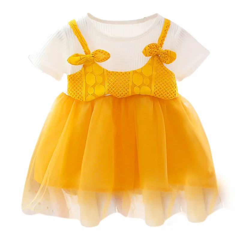 

Summer Baby Girls Dresses Toddler Bow Fake 2 Piece Cotton Sundress Kids Clothing Infant Girl Mesh Dresses 0-3Y