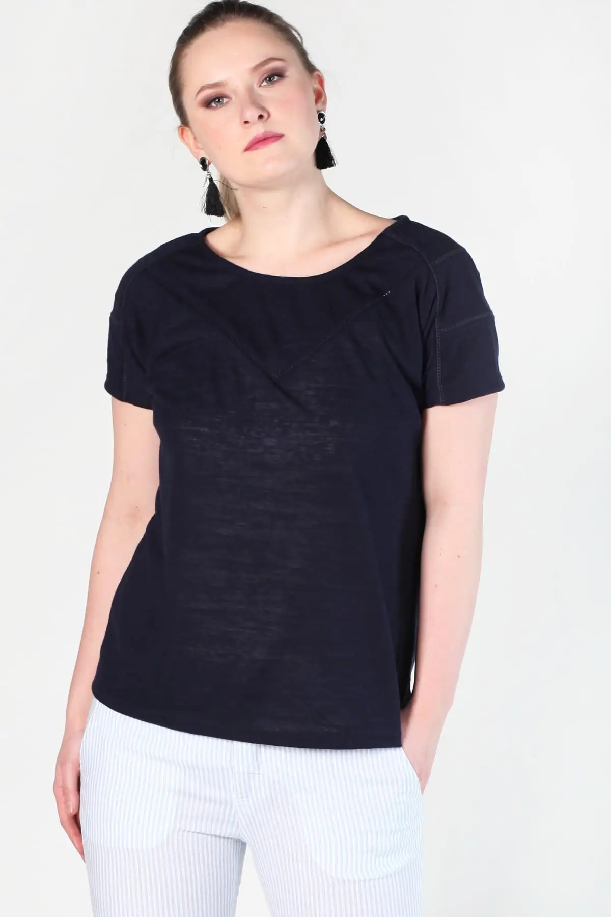 Sans Textile Женская темно синяя кружевная деталь Bluz 65N10702| |