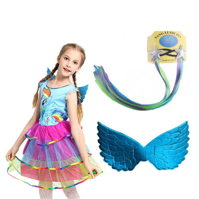 Girl Rainbow Princess Dress My Little Pony Party Cosplay Costume + Pony's Wig +Wing Clothes Set | Детская одежда и обувь