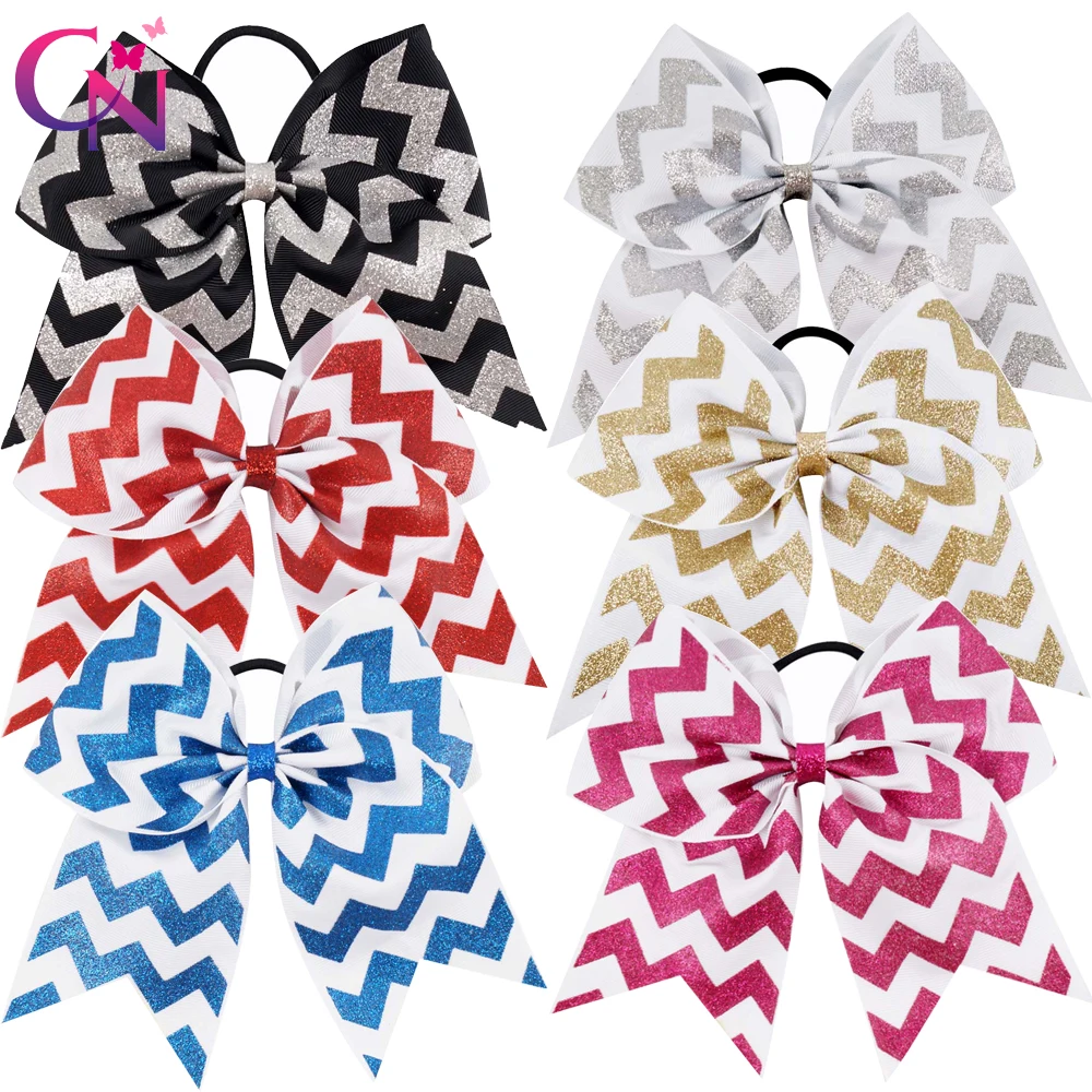 

CN 10pcs/lot 7" Glitter Printed Ribbon Chevron Cheer Bow With Elastic For Kids Girls Teens Striped Hairband Hair Accessories