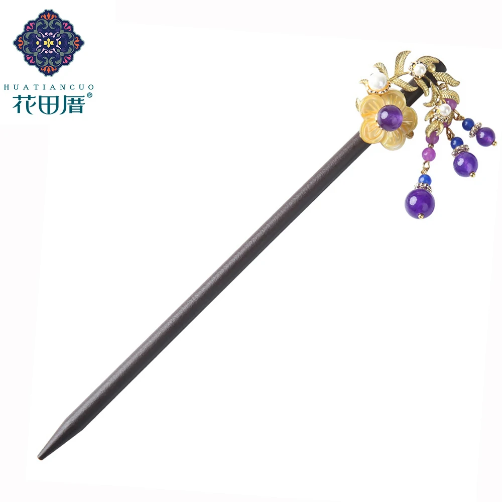 

Ethnic Wood Handmade Purple Blue J ade Shell Flower Beads Copper Leaves Plant Hair Sticks Female Accessories Woman FZ-190104