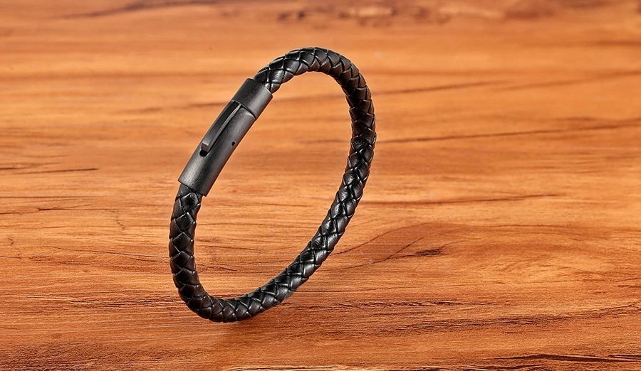 XQNI Simple Style Black Stainless Steel Button Retro Leather Men's Bracelet Multi-color And Size Selection For Handsome Boy Gift