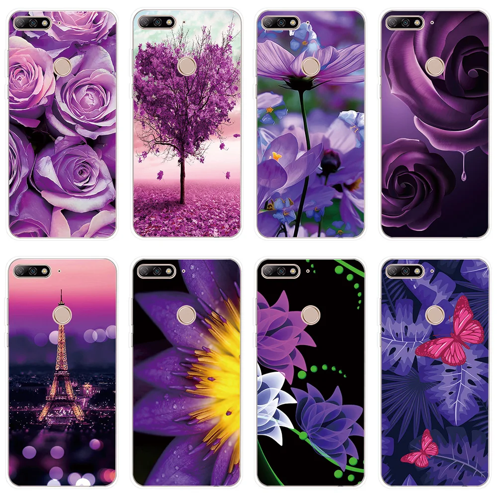 Phone Case For Huawei Y3 Y5 Y6 2017 Y7 Prime Y9 2018 2019 Cover Purple Flower Romance Silicone II Pro |
