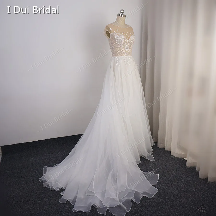 Cap Sleeve Sparkle Wedding Dress with Organza Ruffles Illusion Neckline Shinny Bridal Gown | Свадьбы и торжества