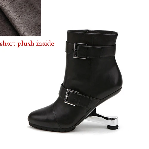 black short plush Женские брендовые ботинки; цвет черный, серебристый; женские ботильоны на высоком каблуке на молнии; Каблук 9 см; необычный металлический каблук с пряжкой; HL112 muyisxi - Цвет: black short plush