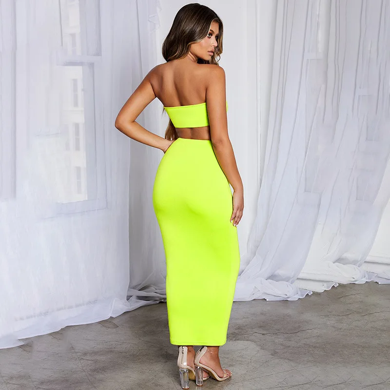 Комплект из двух предметов летний неоновый зеленый Топ без бретелек с высокой