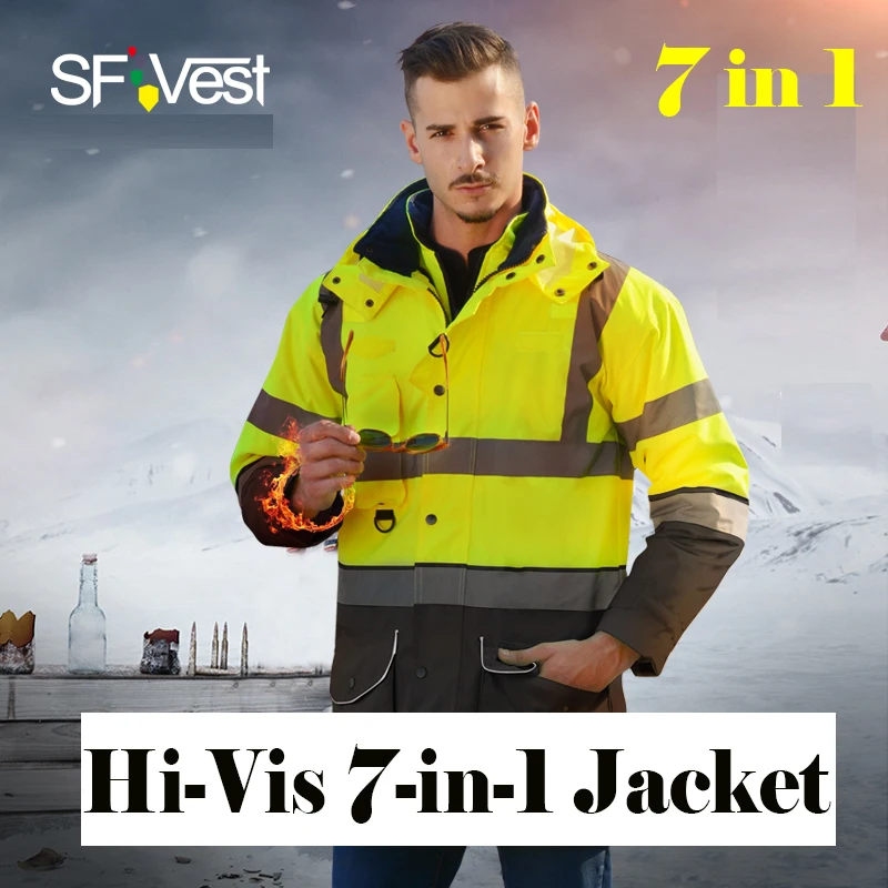 SFVest высокая видимость EN20471 ANSI 107 класс III светоотражающая куртка съемная 7 в 1 парка
