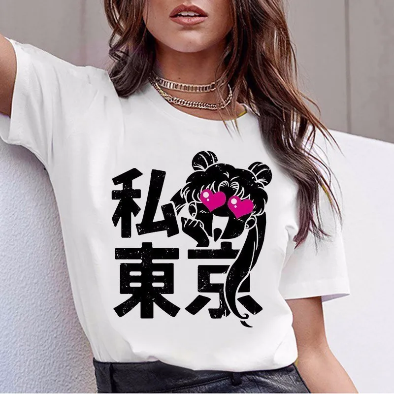 Матросская футболка с Луной женские kawaii Модные женские футболки в стиле Харадзюку футболка Эстетическая футболка Ulzzang Милая футболка с котом топ с рисунком