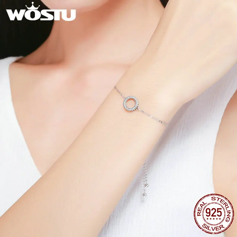 WOSTU Аутентичные 925 пробы серебряные сверкающие круглые браслеты-цепочки для женщин, ювелирные изделия из стерлингового серебра DXB030