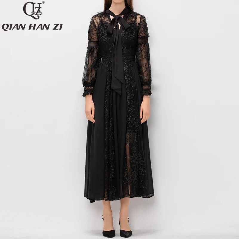

Qian Han zi 2020 runway Maxi dress Women's Lantern Sleeve Feather Bow Collar quality embroidery Retro Party plus size long dress