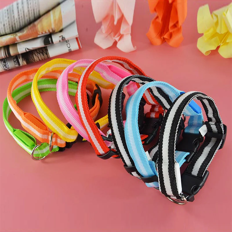 2.5cm Width Nylon Striped Night Safety Dog Collar Double Led Light-up Flashing Pet Necklace | Дом и сад