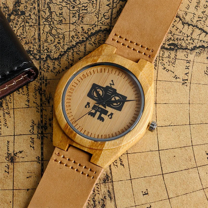 Часы мужские/женские кварцевые аналоговые с бамбуковым ремешком и кожаным |