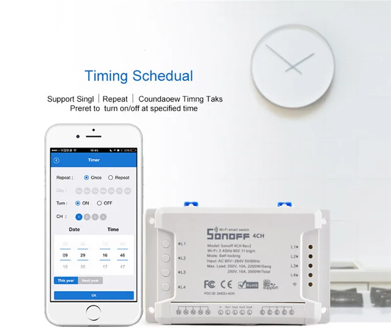 Itead Sonoff 4CH R2 Интеллектуальный переключатель Wi-Fi 4 Gang Беспроводной пульт дистанционного управления Wi-Fi выключатель света приложение Управление умный дом 10A 2200 Вт работает с Google