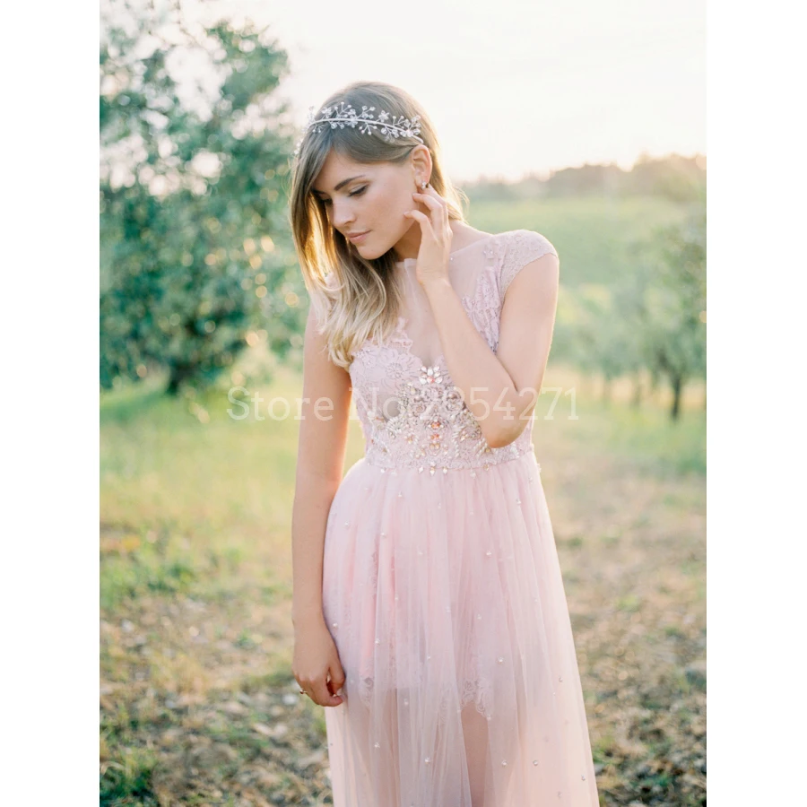 Розовое пляжное свадебное платье в стиле бохо кружевное прозрачное фатиновое с