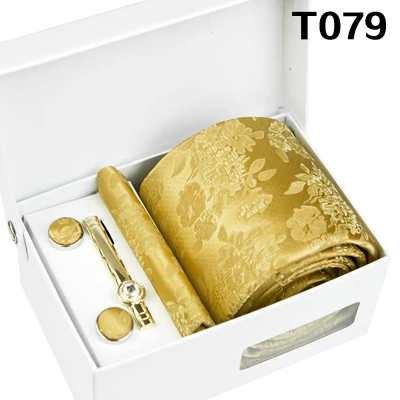 T079 Four Piece Set Галстуки, набор из четырех предметов, Цветочный Пейсли, твердый золотой, желтый, шампань, мужские галстуки, карманный квадратный зажим для галстука, запонки, новинка, шелк - Цвет: T079 Four Piece Set