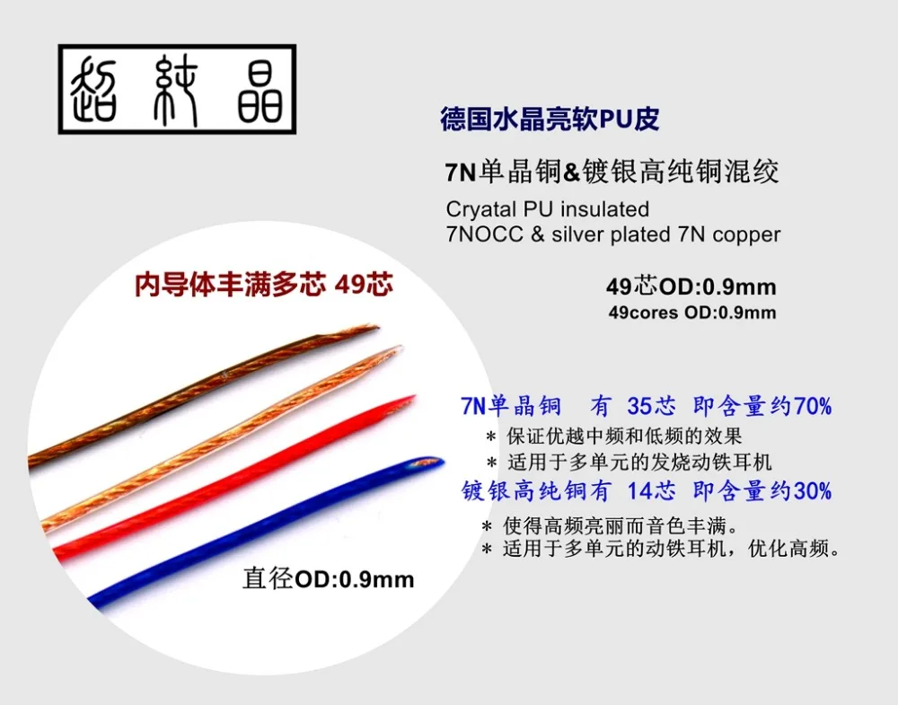 crystal PU insulated 7NOCC & silver plated 49core OD:0.9MM 6meters