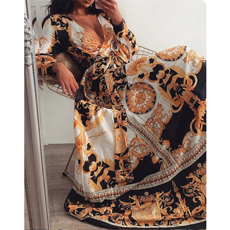 Женское винтажное платье в пол длинное с длинным рукавом V образным вырезом